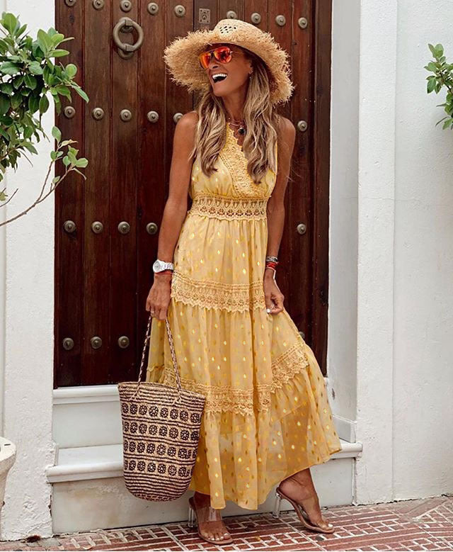 Summer new arrivals: women's sexy deep v sleeveless chiffon dress - patchwork midi dress for  &