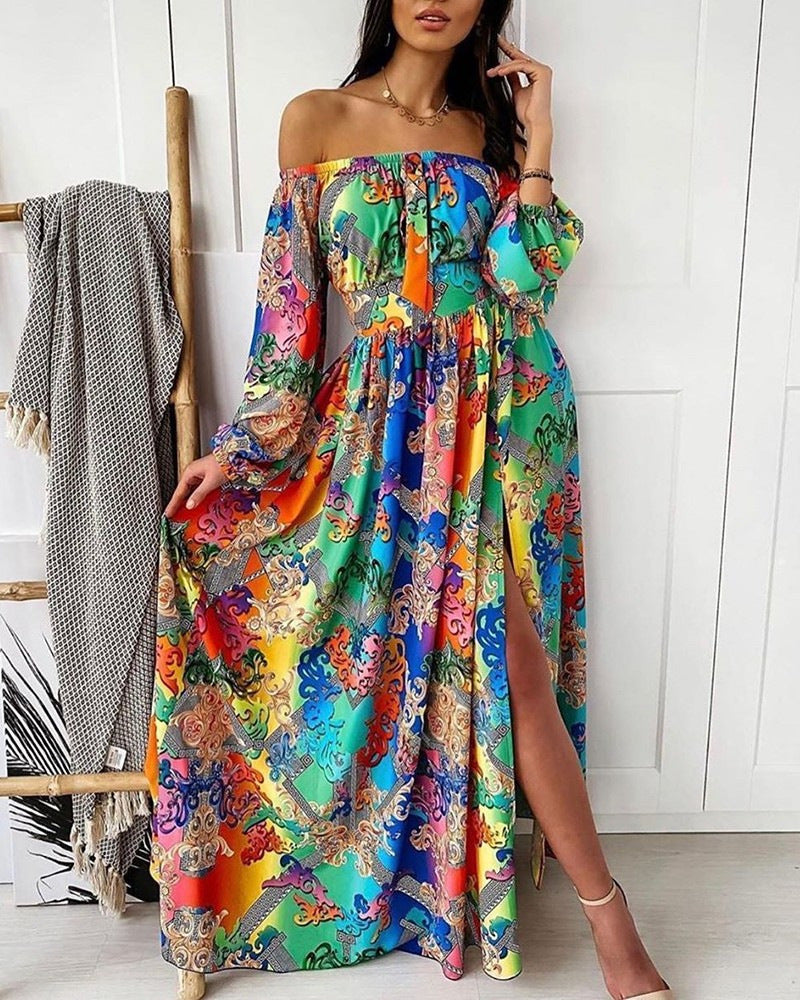 2025 spring/summer new collection: european & american style printed evening gown - v-neck, pullover, vintage long sleeve, high slit maxi dress