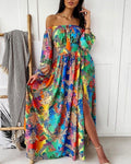2025 spring/summer new collection: european & american style printed evening gown - v-neck, pullover, vintage long sleeve, high slit maxi dress