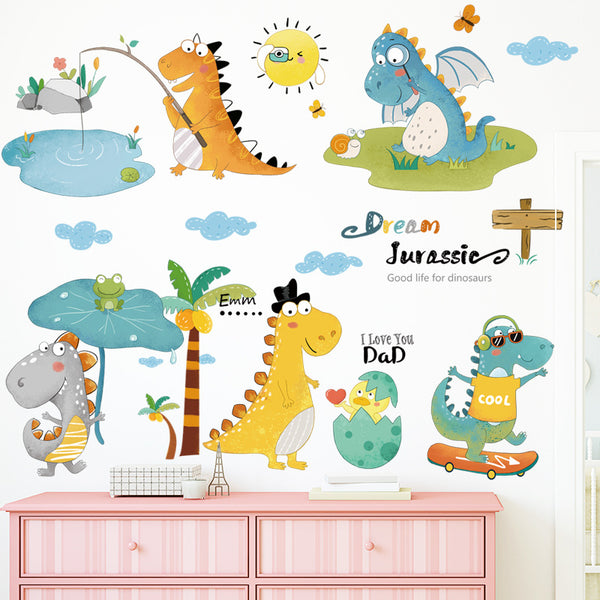 Wall sticker cartoon cute dinosaur skateboard kindergarten early education scene animal wall decoration sticker ZDB-2250