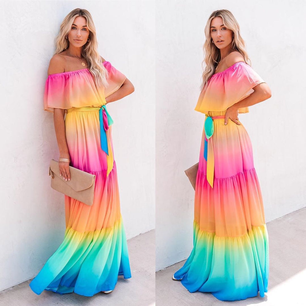 new foreign trade  style printed maxi dress gown   off-the-shoulder cross-border fashion dress