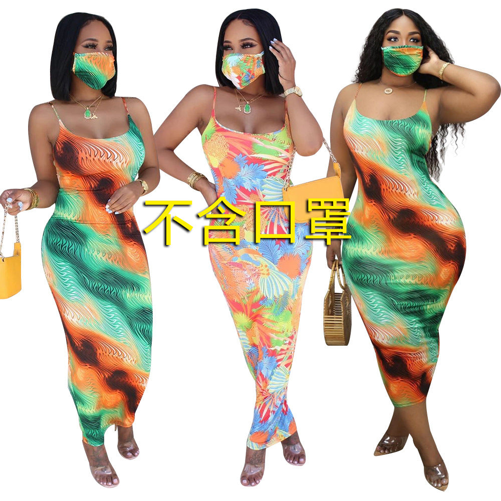 S3779 Cross-border European and American women's clothing hollow sexy suspender printed dress one-step skirt women (excluding masks)