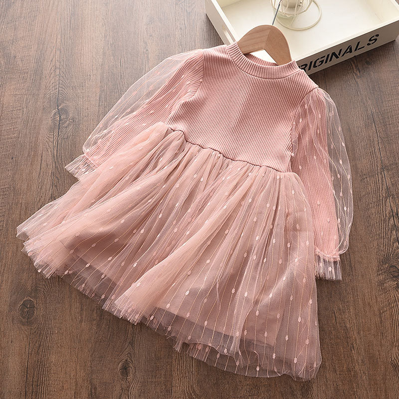 Insautumnew arrivalgirllong sleevessdressgirl stylesequin puff sleeveknitting gauze skirtkids skirt