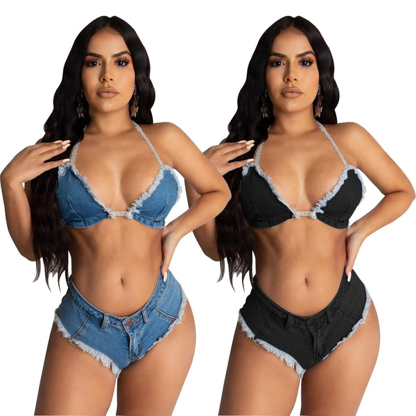 YZ1214 European and American  women's clothing   sexy fashion bikini fringed tether denim two-piece set