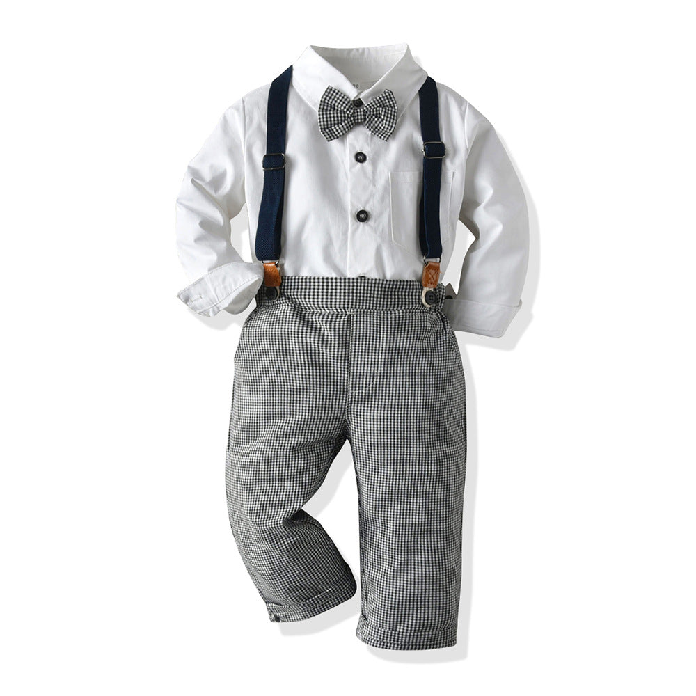 New spring collection: boys' solid color turn-down collar shirt with bow tie and suspender pants gentleman's formal suit - wholesale from manufacturer