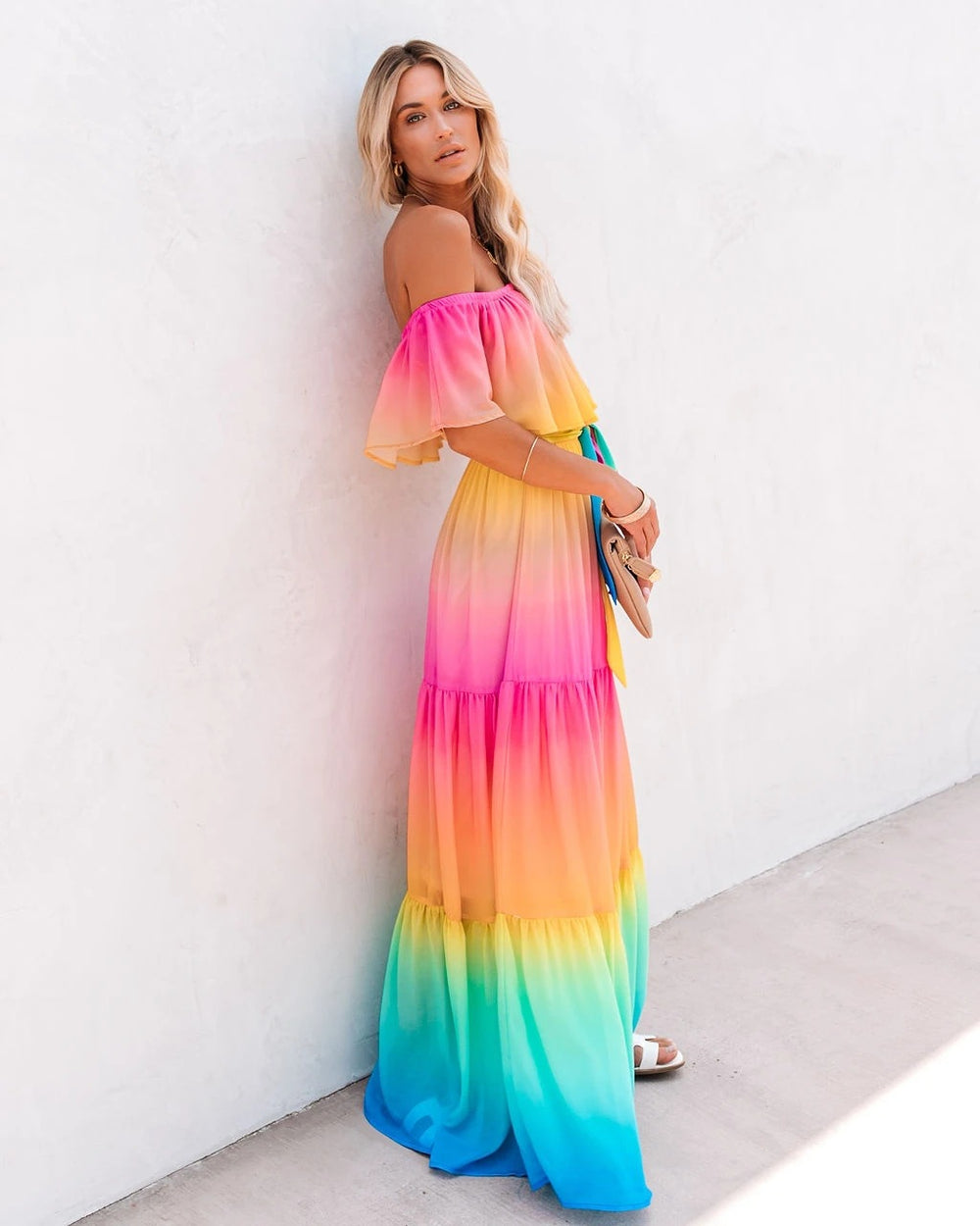 new foreign trade  style printed maxi dress gown   off-the-shoulder cross-border fashion dress