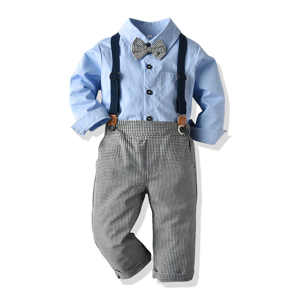 New spring collection: boys' solid color turn-down collar shirt with bow tie and suspender pants gentleman's formal suit - wholesale from manufacturer