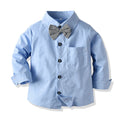 New spring collection: boys' solid color turn-down collar shirt with bow tie and suspender pants gentleman's formal suit - wholesale from manufacturer