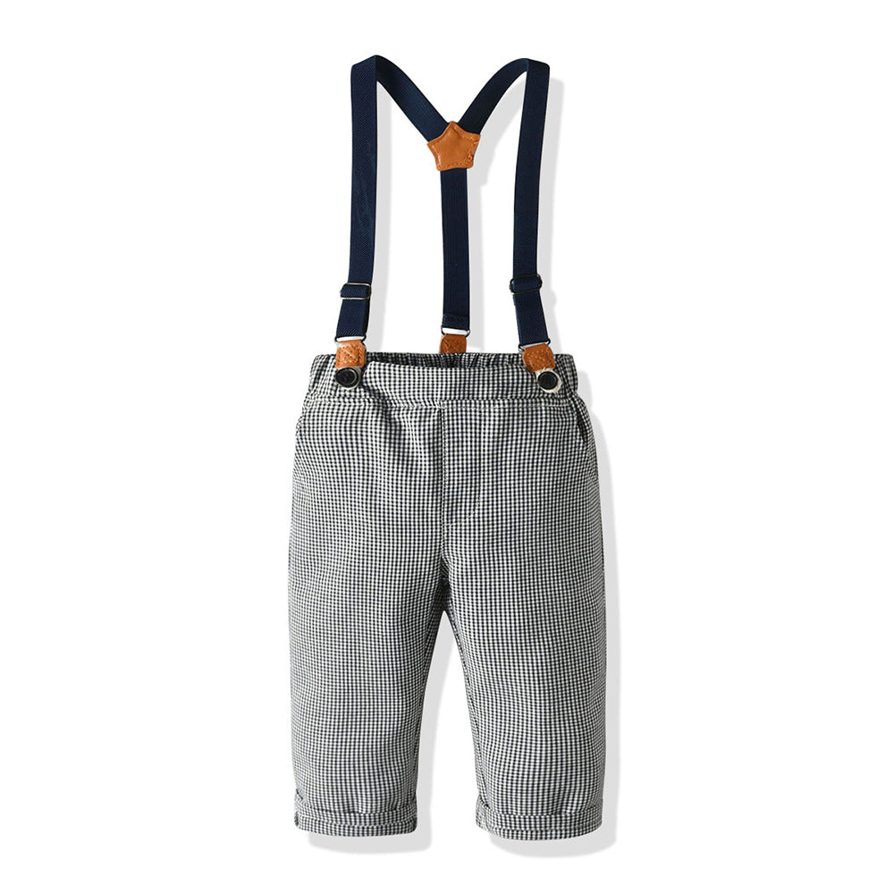 New spring collection: boys' solid color turn-down collar shirt with bow tie and suspender pants gentleman's formal suit - wholesale from manufacturer