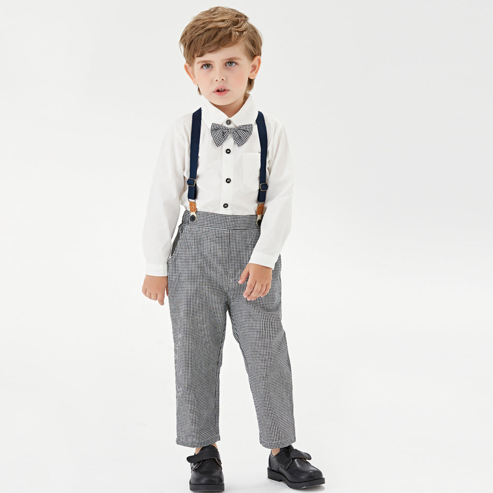 New spring collection: boys' solid color turn-down collar shirt with bow tie and suspender pants gentleman's formal suit - wholesale from manufacturer