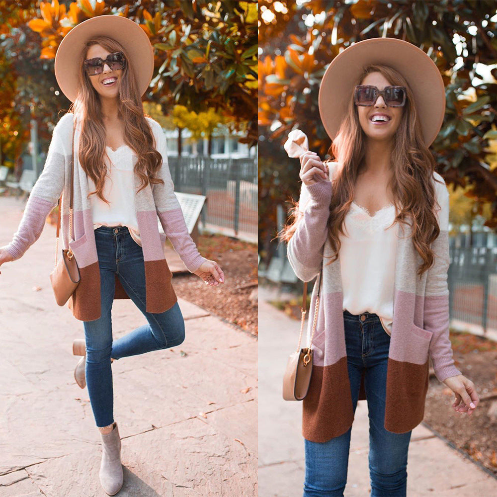 Spot! MY045 striped sweater bag multi-color cardigan color matching jacket top