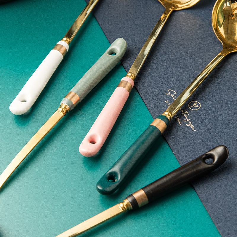Ready-to-ship wholesale ceramic and stainless steel kitchenware: soup ladles, skimmers, cooking spoons, spatulas, stainless steel strainers, and hot pot spoons