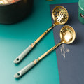 Ready-to-ship wholesale ceramic and stainless steel kitchenware: soup ladles, skimmers, cooking spoons, spatulas, stainless steel strainers, and hot pot spoons