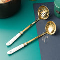 Ready-to-ship wholesale ceramic and stainless steel kitchenware: soup ladles, skimmers, cooking spoons, spatulas, stainless steel strainers, and hot pot spoons