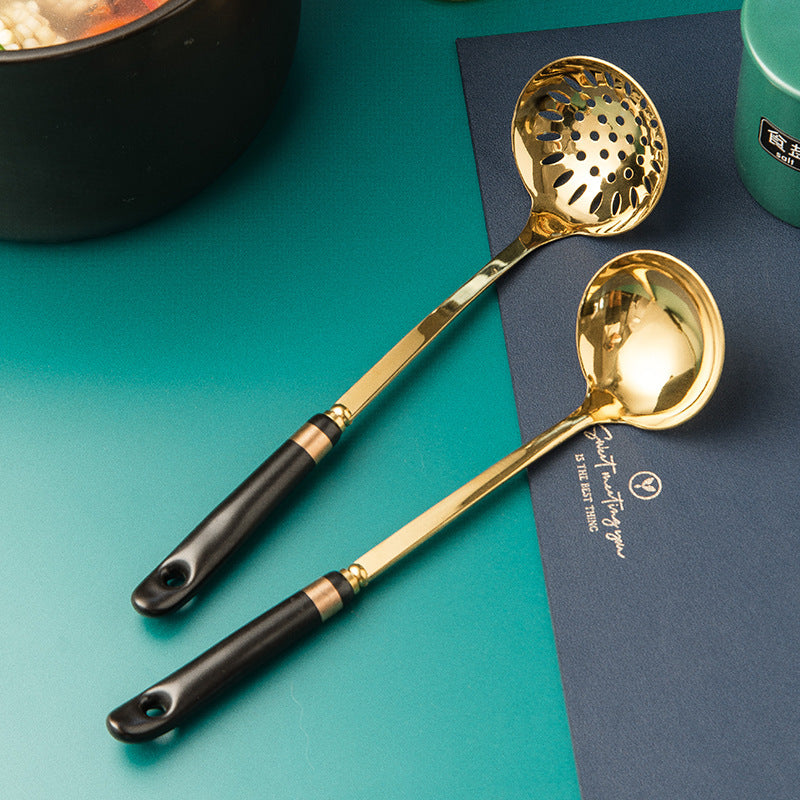 Ready-to-ship wholesale ceramic and stainless steel kitchenware: soup ladles, skimmers, cooking spoons, spatulas, stainless steel strainers, and hot pot spoons