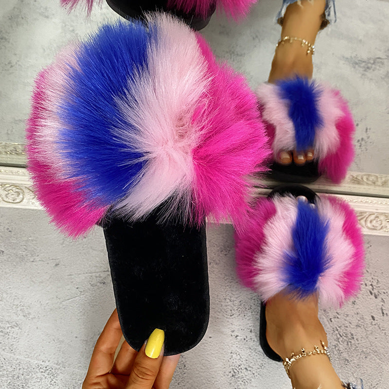 independent station plus size colorful fur slippers one-line imitation fur slippers thick sole flat heel export women's slippers