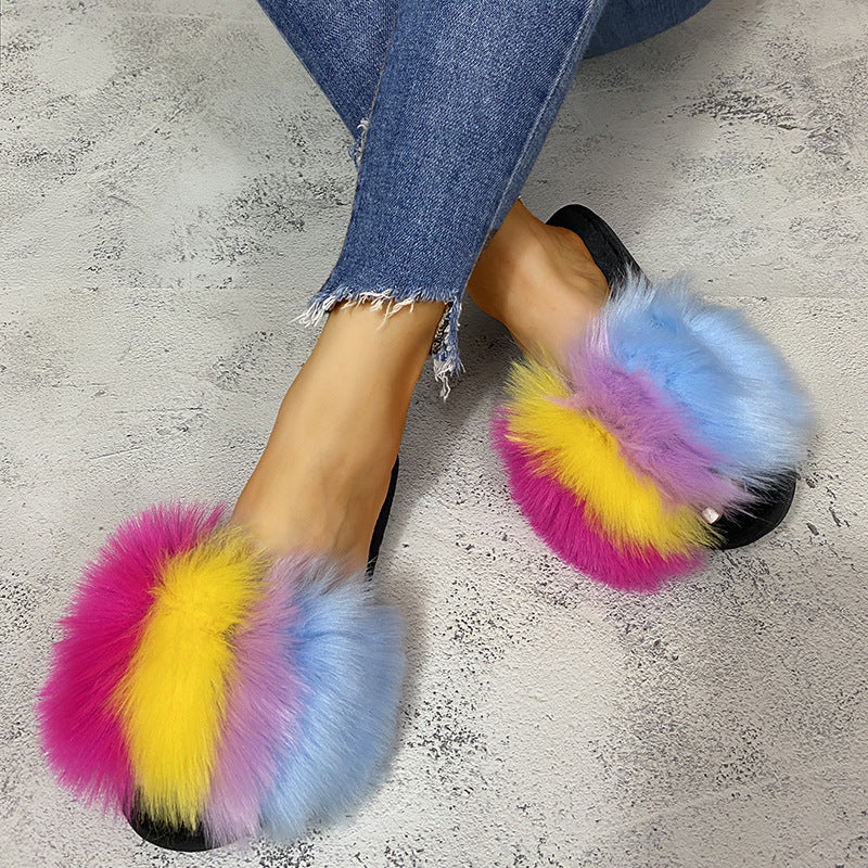 independent station plus size colorful fur slippers one-line imitation fur slippers thick sole flat heel export women's slippers
