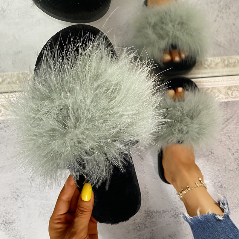 fashion ostrich hair slippers women's autumn winter new arrivalflatsplus size home indoor and outdoor slippers