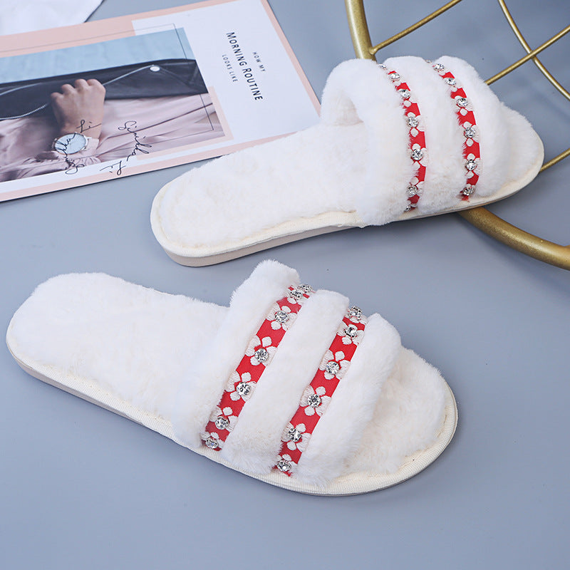2024fall and winter fur slippers women's home large size heattech floor shoes rhinestone heattech one-line outwear fur cotton slippers
