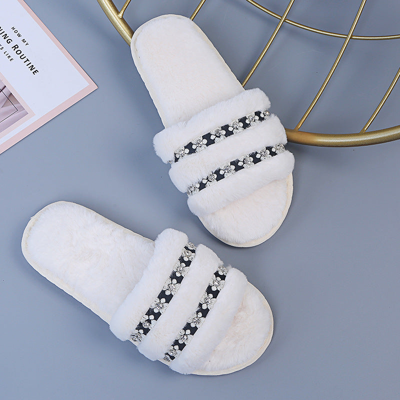 2024fall and winter fur slippers women's home large size heattech floor shoes rhinestone heattech one-line outwear fur cotton slippers