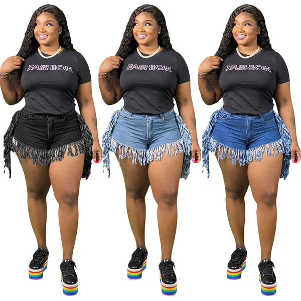 S3850  wholesale Europe and the United States popular fringed polished denim shorts women's jeans casual straight pants
