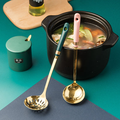 Ready-to-ship wholesale ceramic and stainless steel kitchenware: soup ladles, skimmers, cooking spoons, spatulas, stainless steel strainers, and hot pot spoons