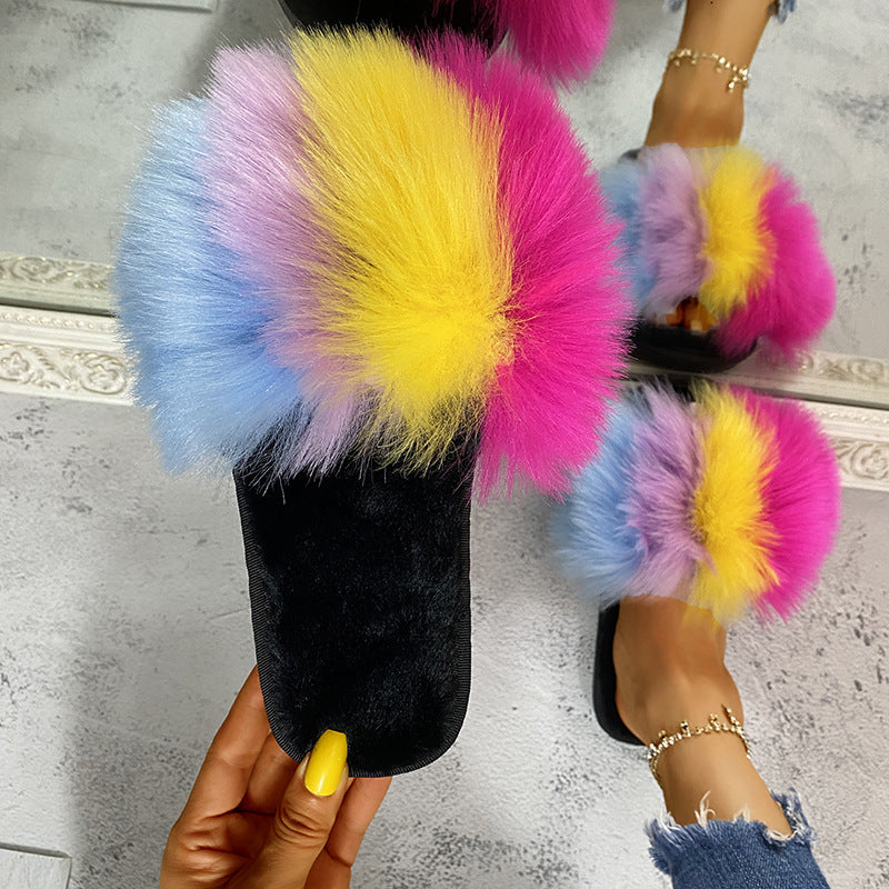 independent station plus size colorful fur slippers one-line imitation fur slippers thick sole flat heel export women's slippers
