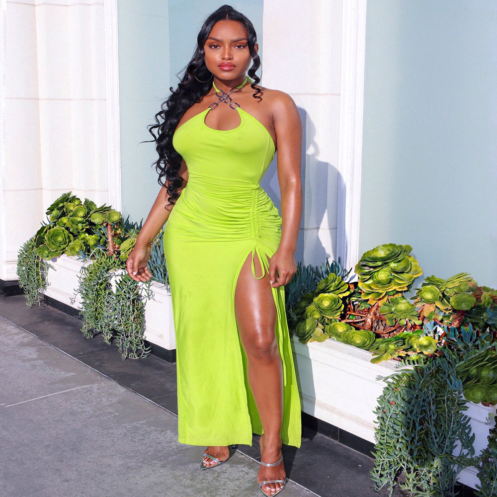 A5125 european and american cross-border women's fashion   sexy slit backless ruched slip dress