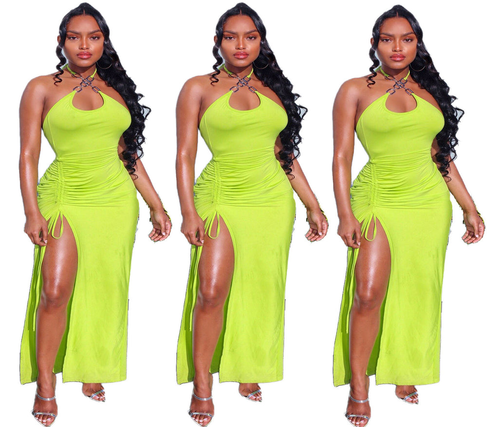 A5125 european and american cross-border women's fashion   sexy slit backless ruched slip dress