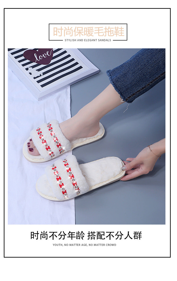 2024fall and winter fur slippers women's home large size heattech floor shoes rhinestone heattech one-line outwear fur cotton slippers