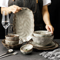 Japanese-style stone-textured dinnerware, vintage plates, unique and creative dinner plates, pasta dishes, salad bowls, old-fashioned stoneware bowls and plates