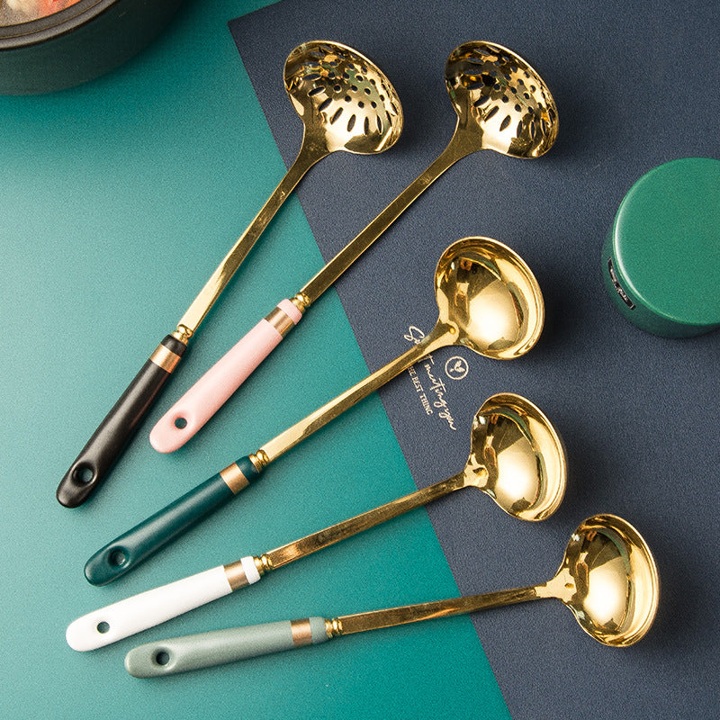 Ready-to-ship wholesale ceramic and stainless steel kitchenware: soup ladles, skimmers, cooking spoons, spatulas, stainless steel strainers, and hot pot spoons