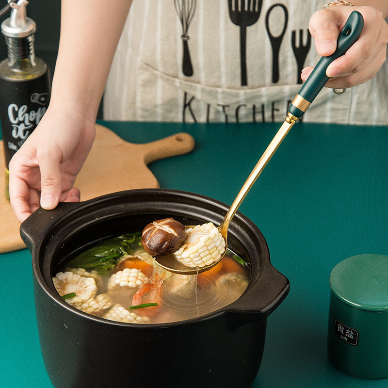 Ready-to-ship wholesale ceramic and stainless steel kitchenware: soup ladles, skimmers, cooking spoons, spatulas, stainless steel strainers, and hot pot spoons