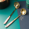 Ready-to-ship wholesale ceramic and stainless steel kitchenware: soup ladles, skimmers, cooking spoons, spatulas, stainless steel strainers, and hot pot spoons