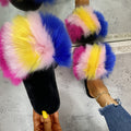independent station plus size colorful fur slippers one-line imitation fur slippers thick sole flat heel export women's slippers