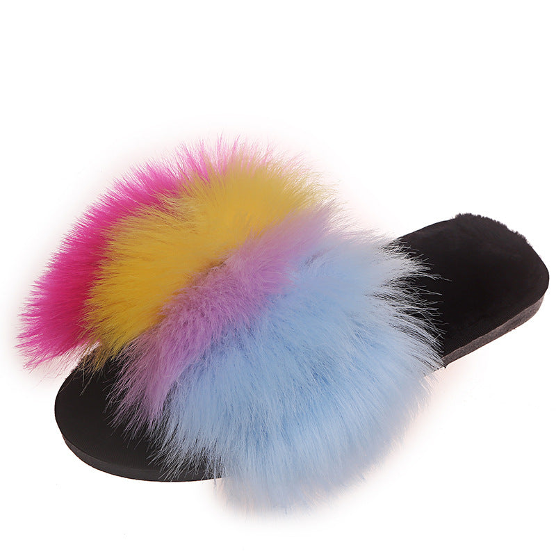 independent station plus size colorful fur slippers one-line imitation fur slippers thick sole flat heel export women's slippers