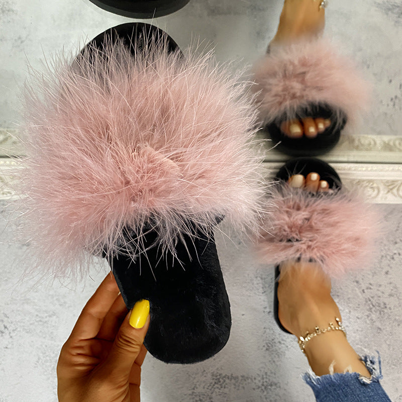 fashion ostrich hair slippers women's autumn winter new arrivalflatsplus size home indoor and outdoor slippers
