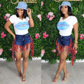 S3852 cross-border wholesale fashionbest selling tassel brushed denim shorts women's jeans casualstraight-leg pants