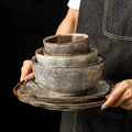 Japanese-style stone-textured dinnerware, vintage plates, unique and creative dinner plates, pasta dishes, salad bowls, old-fashioned stoneware bowls and plates