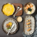 Japanese-style stone-textured dinnerware, vintage plates, unique and creative dinner plates, pasta dishes, salad bowls, old-fashioned stoneware bowls and plates
