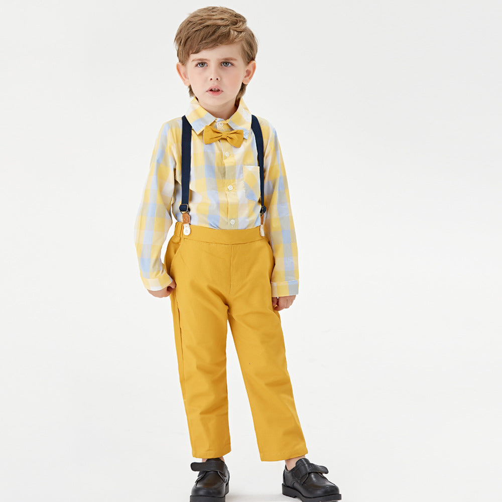 Boys' spring outfit: new color block plaid long-sleeve shirt and british style overalls two-piece set for toddlers and young children