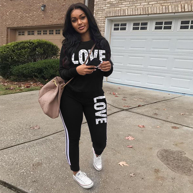 S38555 cross-border wholesale european and american women's clothing casual fashion letter printing [thickened] sports suit for women