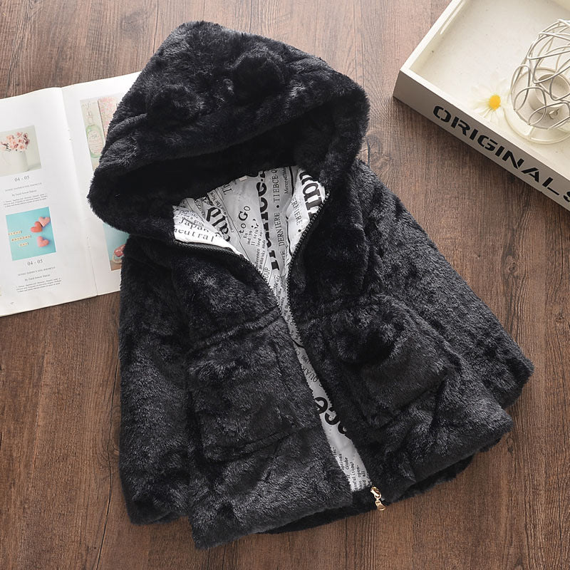 Girls' autumn new arrivals winter faux fur jacket solid color thickened cotton-padded coat fluffy cotton-padded jacket with ear flap hood