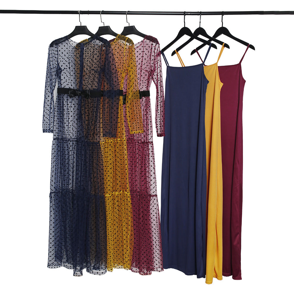 new european and american style plus size women's evening gown - elegant mesh cutout two-piece polka dot dress