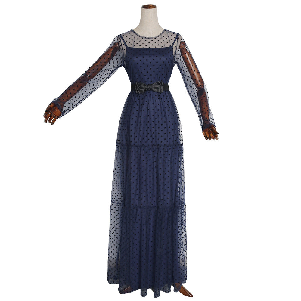 new european and american style plus size women's evening gown - elegant mesh cutout two-piece polka dot dress