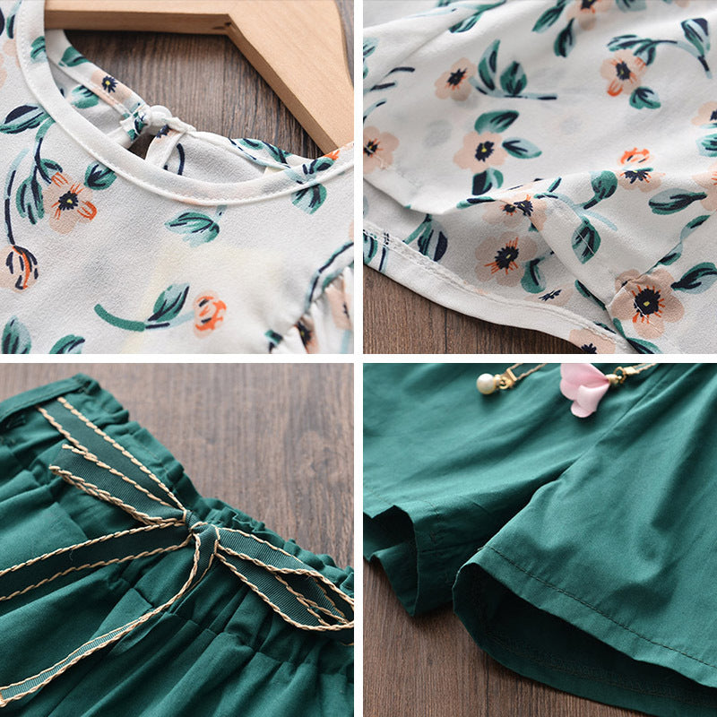 Summer korean style girls' outfit: flutter sleeve floral print top + loose solid color shorts two-piece set
