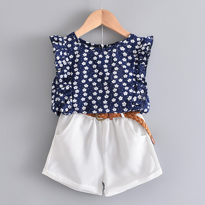 European and american style spring/summer new korean girl's floral sleeveless t-shirt and shorts refreshing outfit set (includes belt)