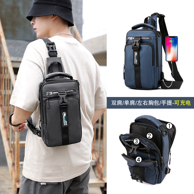 Cross-border exclusive supply for new fashion trends, men's breast bags, multi-functional USB charging, casual shoulder messenger bags, wholesale.