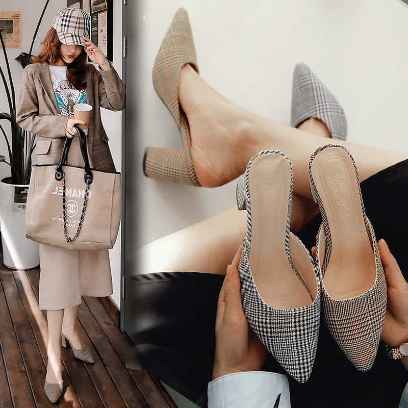 Slippers women's summer outer wear 2019 new Korean version of fashion personalized bag head half slippers thick heel pointed high heel cool slippers