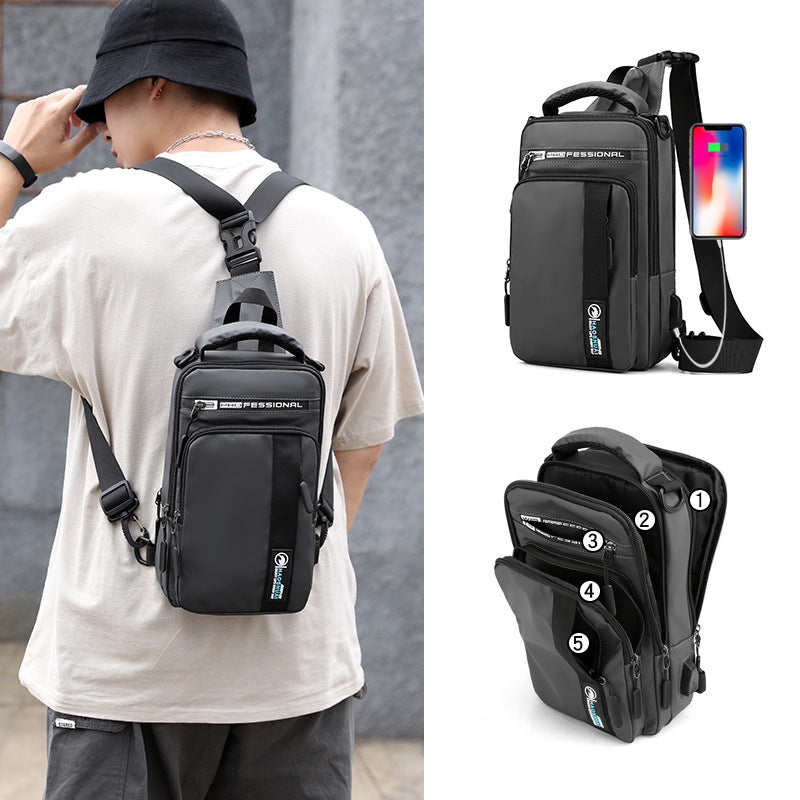 Haoshuai new outdoor multi-functional men's breast bag trendy shoulder messenger bag USB charging backpack men's bag
